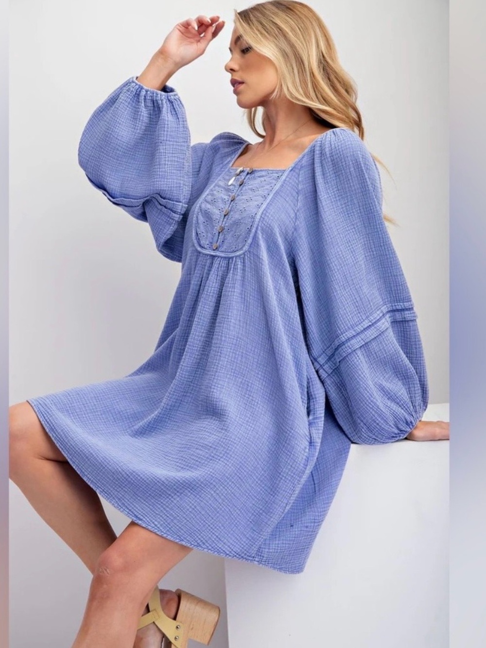 Three Bird Nest Light Blue Gauze Mini Dress with Balloon Sleeves